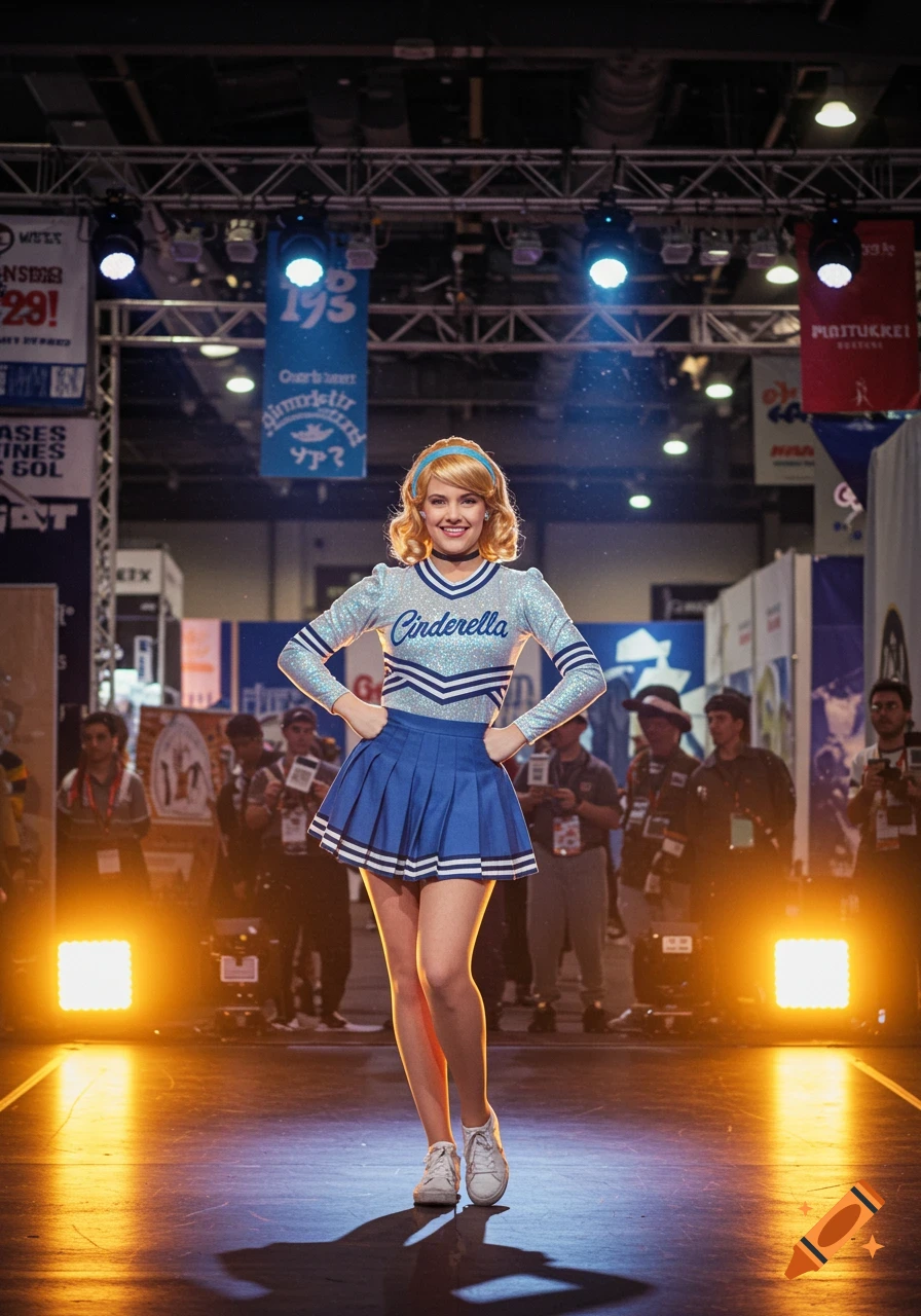 A smiling woman dressed as Cinderella in a glittery blue and white cheerleader outfit stands on a brightly lit stage at a trade show.