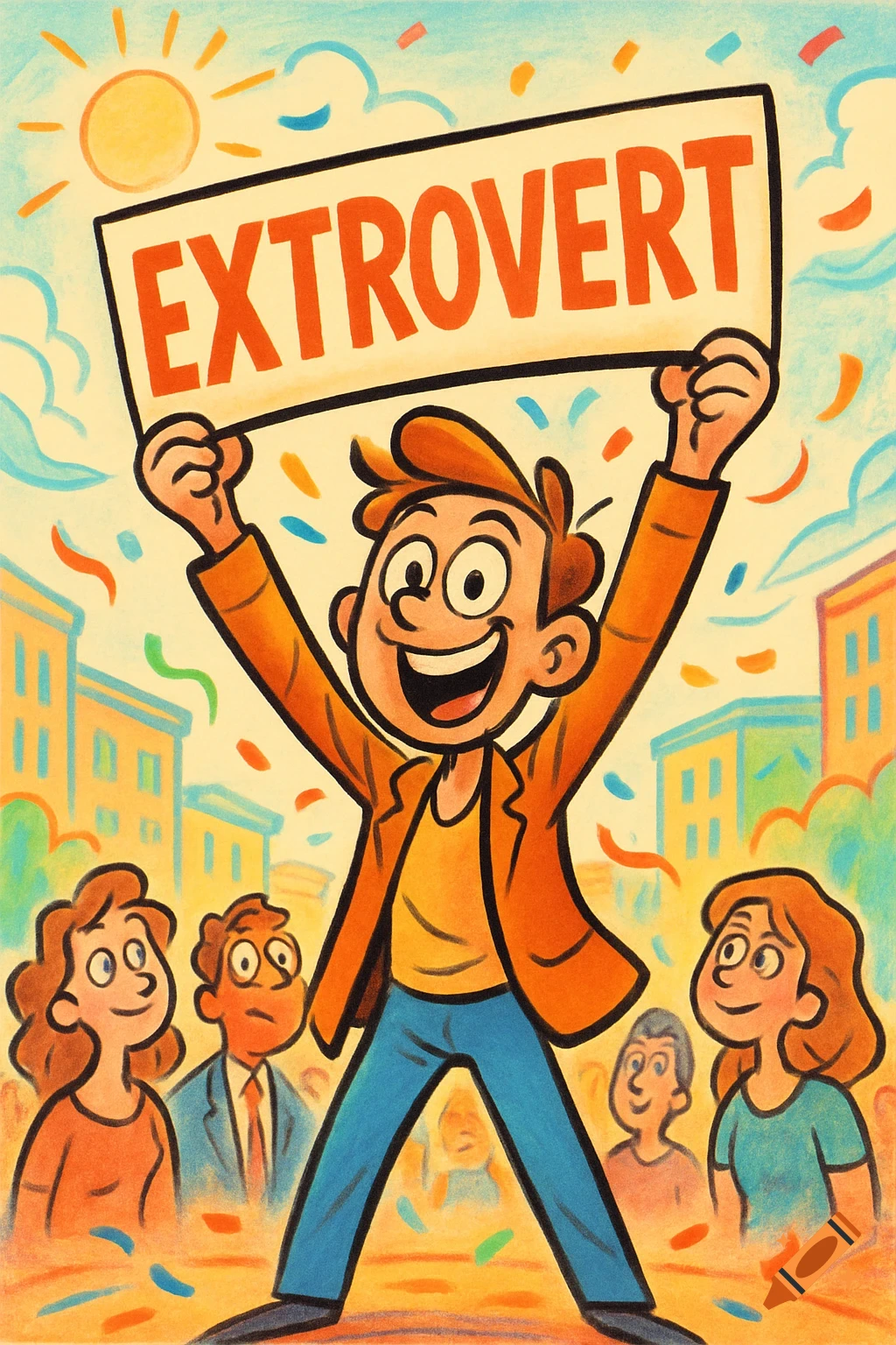 A cheerful cartoon man holds an 'EXTROVERT' sign in a lively street scene with confetti and a crowd.