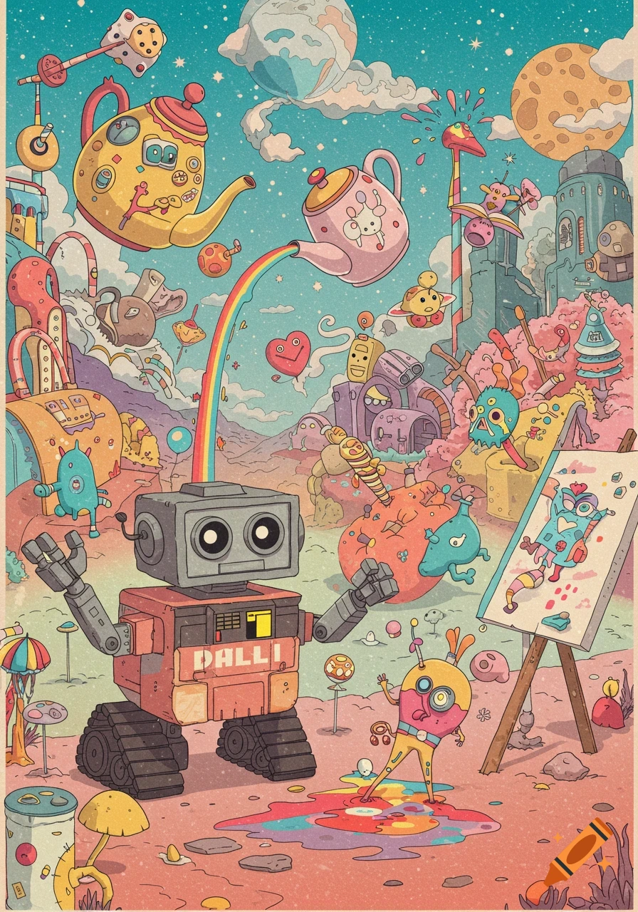 A whimsical illustration of a robot with a rainbow from its head, painting on an easel in a colorful, surreal landscape with flying teapots and strange creatures.