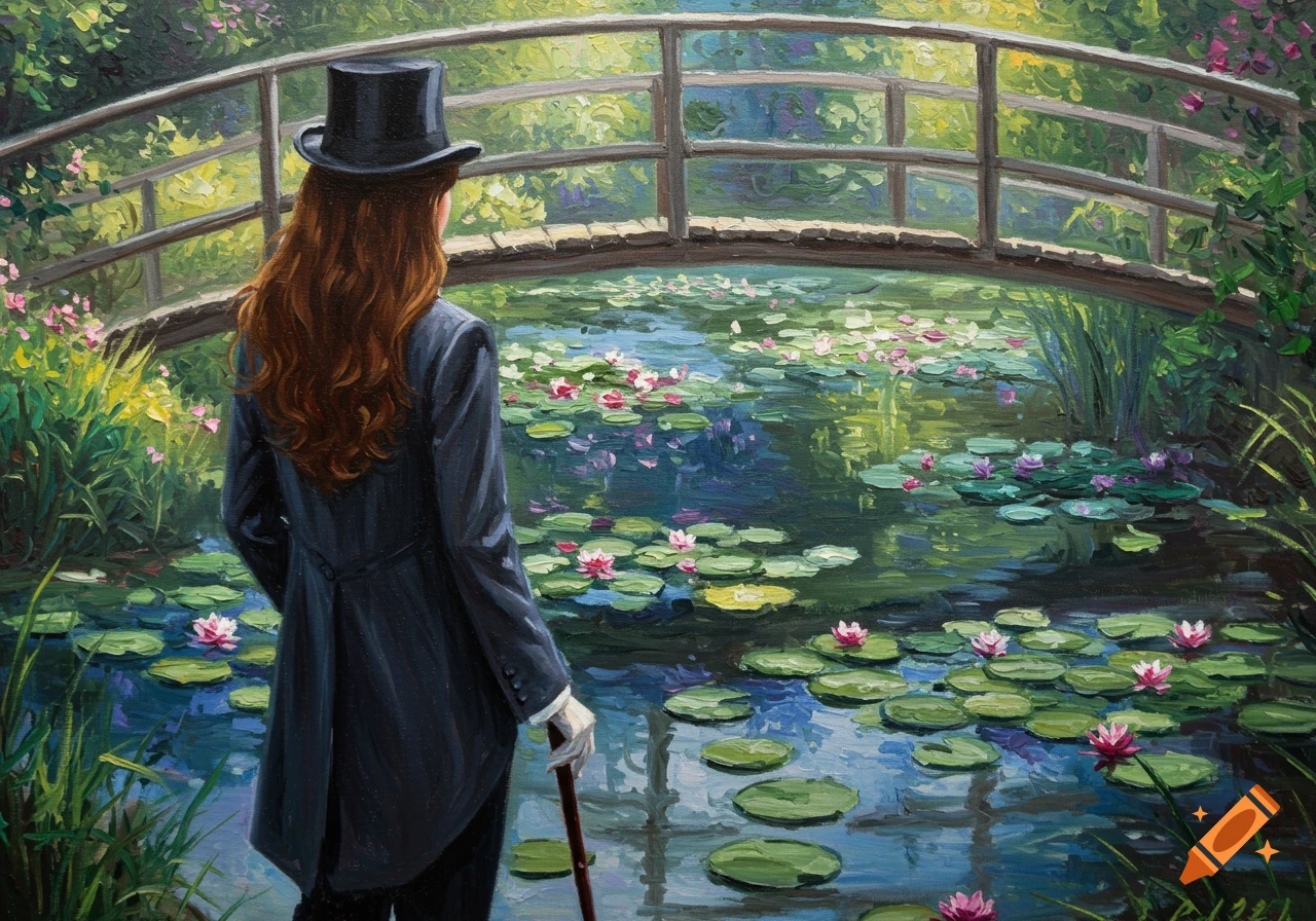 An elegant woman in a vintage suit and top hat stands on a wooden bridge, gazing at a lily pond with colorful flowers, in an expressionist painting style.