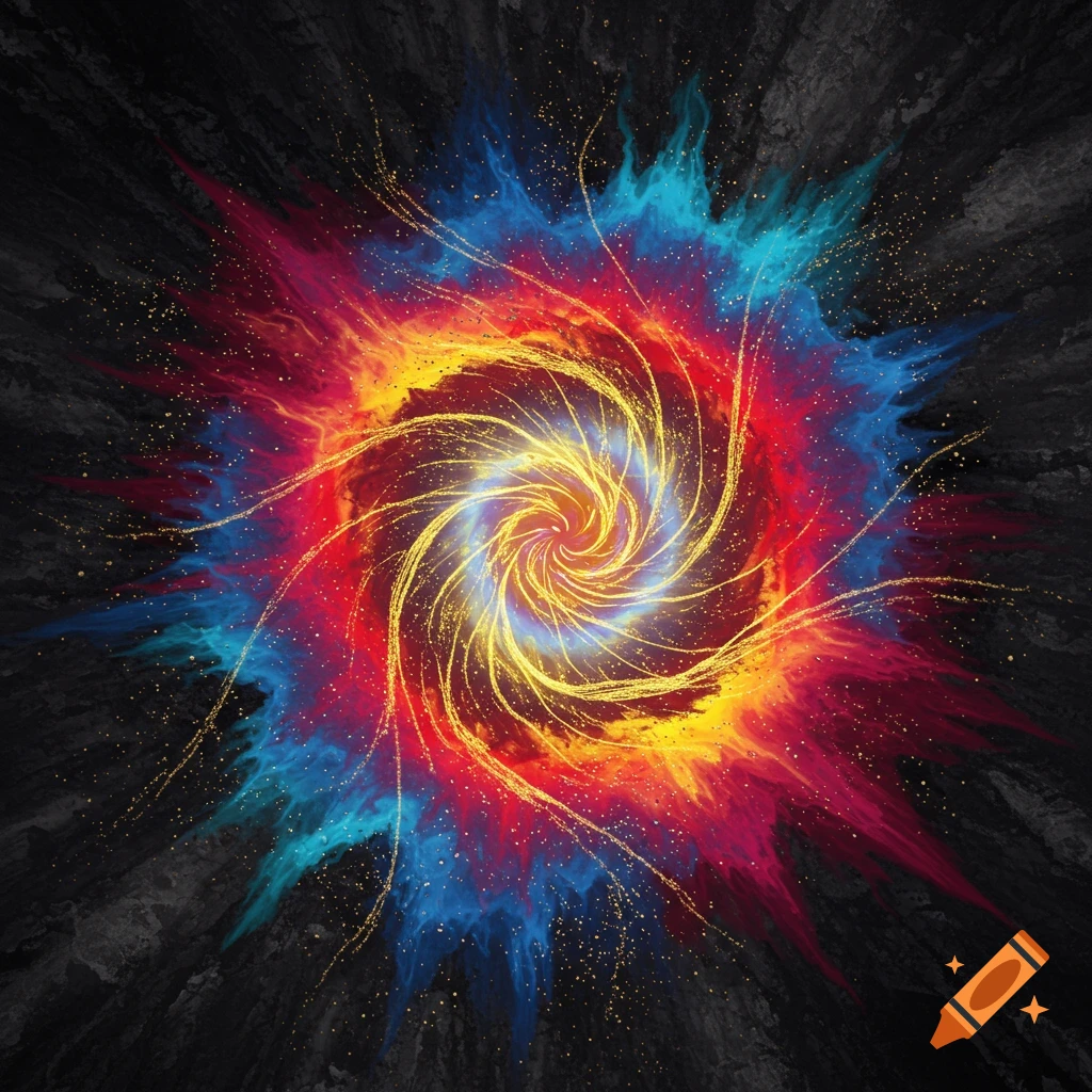 A vibrant abstract explosion of red, blue, and yellow colors swirls outwards from a bright central point against a dark background.