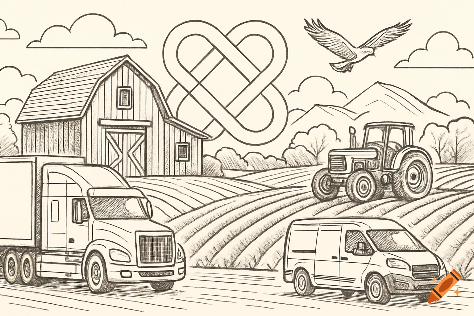 Line art of a farm scene featuring a barn, tractor, semi-truck, delivery van, an eagle, and a 'together' symbol in the sky.