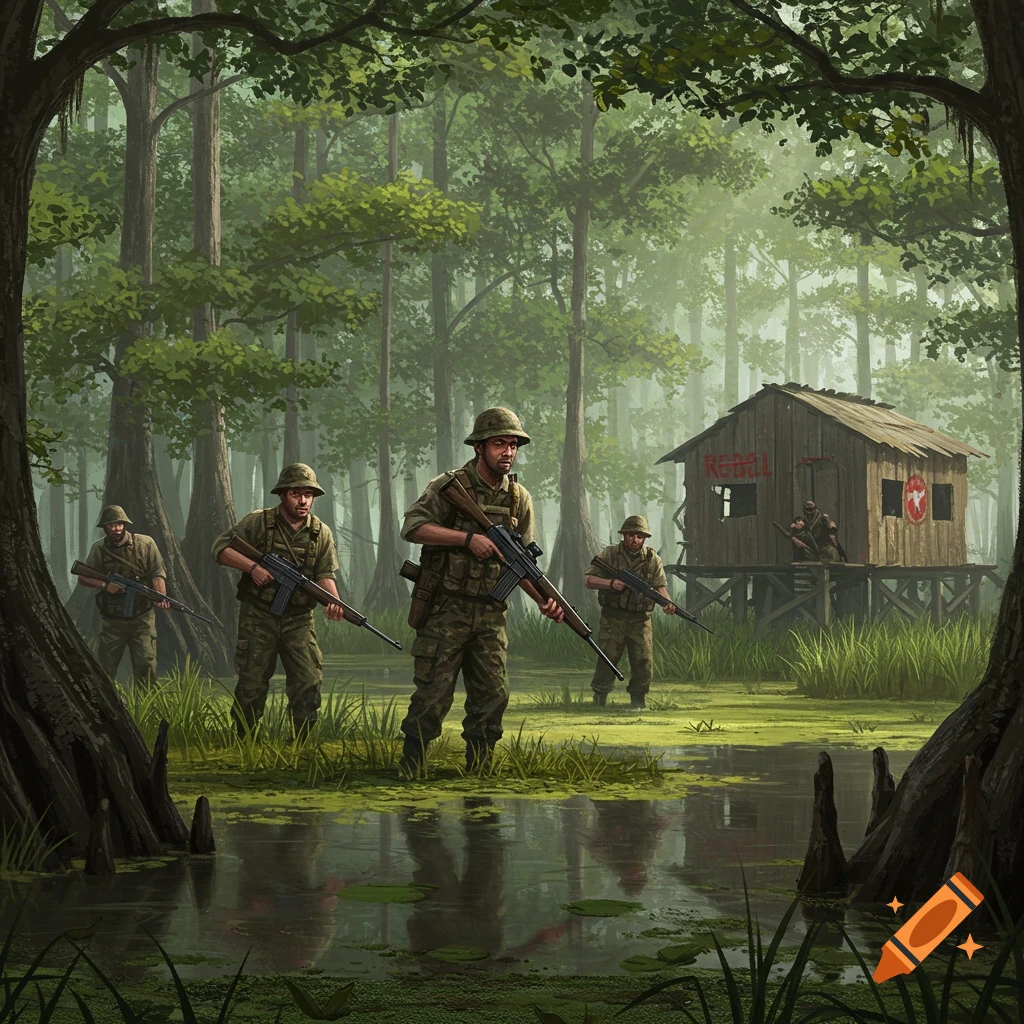 A group of soldiers in camouflage uniforms, carrying rifles, stand in a murky swamp surrounded by dense cypress trees. In the background, a small wooden shack on stilts has 'REBELL' painted in red on its side and a red star on a white circle.