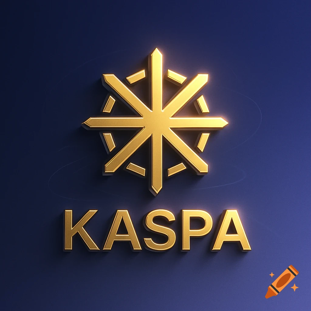 3D rendered golden Kaspa logo with a stylized star symbol above, on a dark blue background.