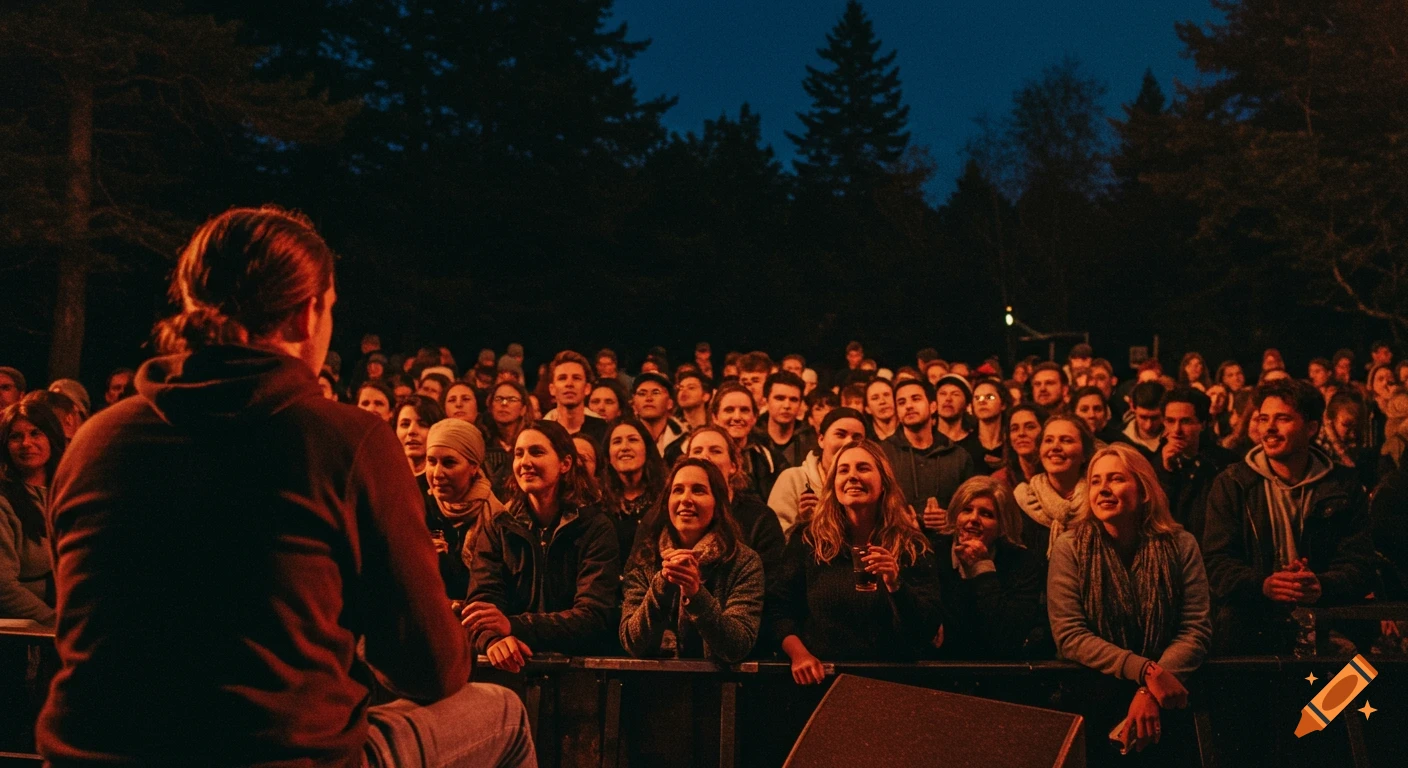 A photorealistic image of a crowd at an outdoor night concert in a forest, illuminated by warm stage lights.