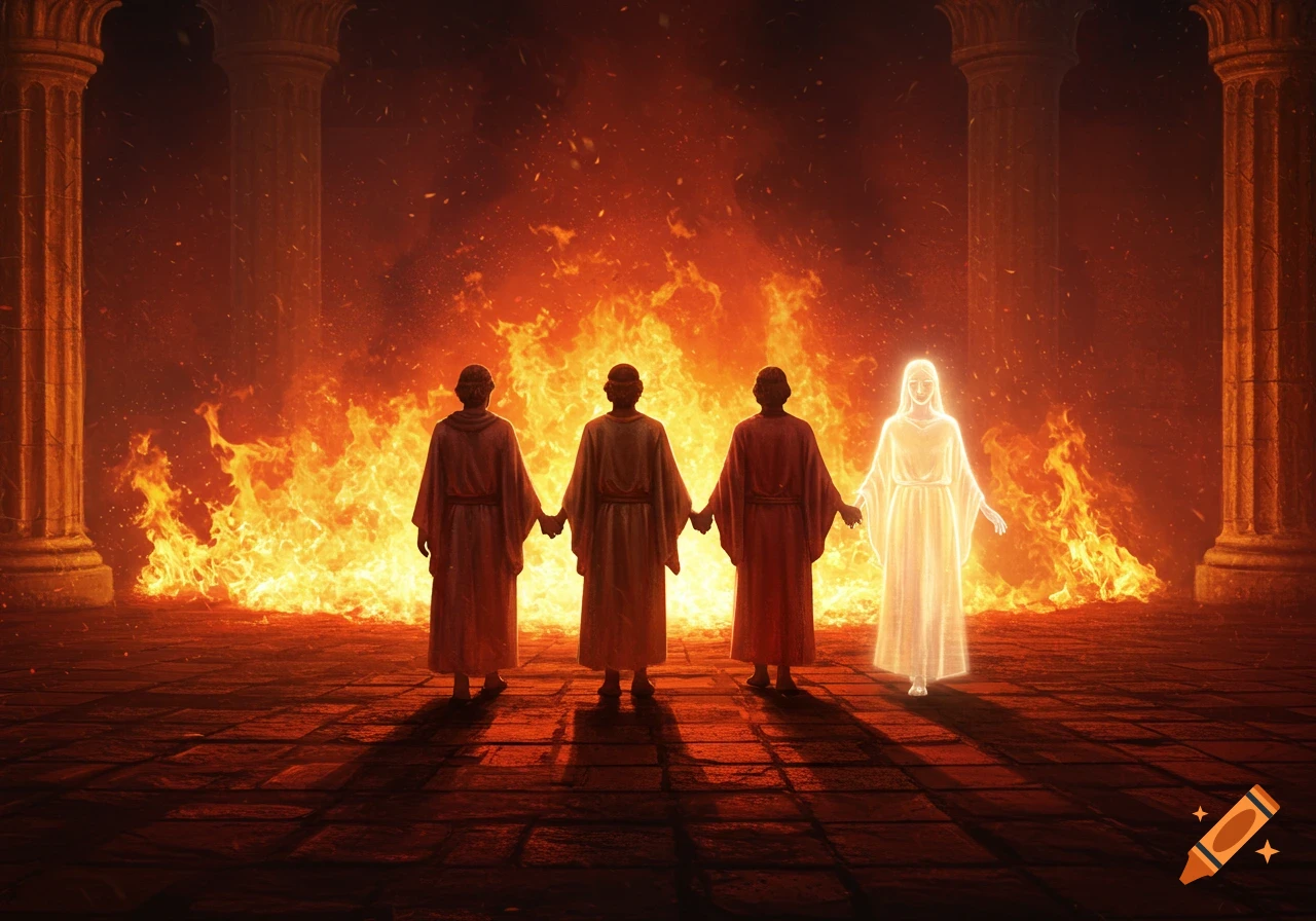 Three figures walk hand-in-hand through intense fire with a glowing, ethereal figure beside them, surrounded by large pillars.