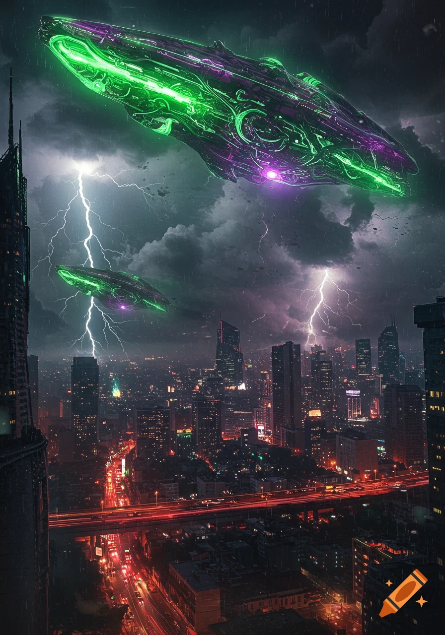 Giant glowing green and purple alien spaceships hover over a bustling city skyline during a lightning storm at night.