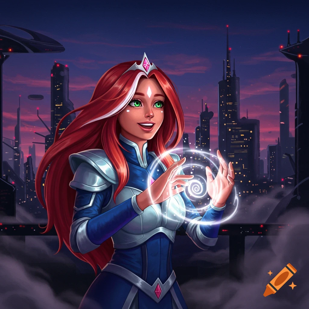 An alien princess with long red hair and green eyes, wearing blue and silver armor and a tiara, casts a glowing spell in a futuristic city at dusk.