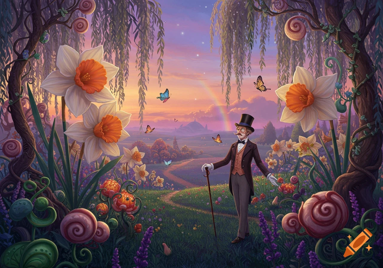 Whimsical illustration of a dandy in a top hat standing in a vibrant fantasy landscape with giant daffodils, butterflies, and a rainbow.