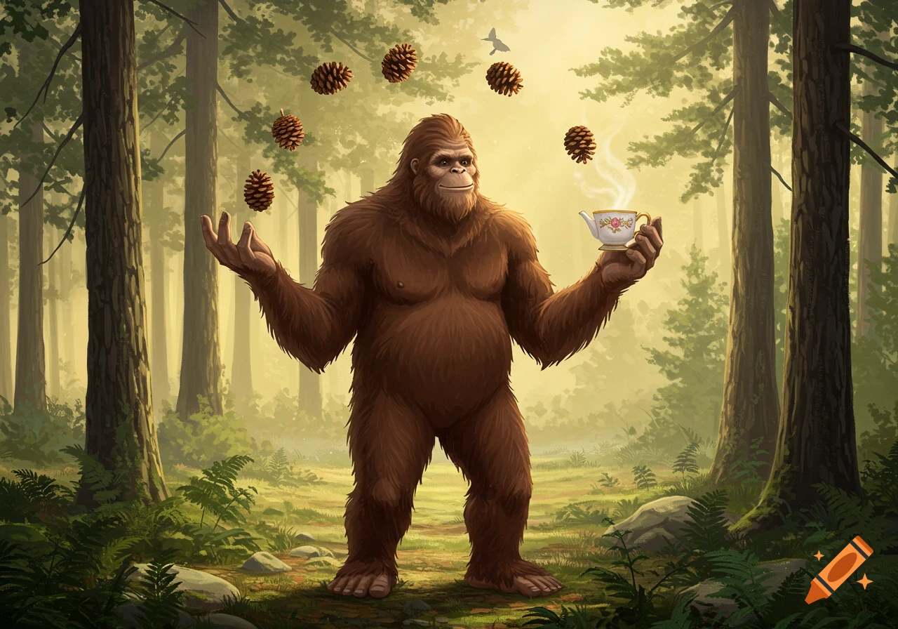 Bigfoot juggling pine cones and holding a steaming teacup in a sunlit forest, digital art.