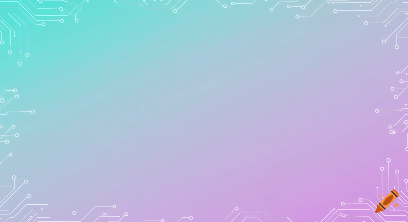 A teal to purple gradient background framed by white circuit board patterns.