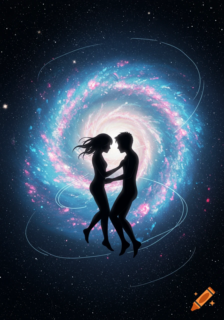 Silhouettes of two lovers embracing in space, with a vibrant pink and blue spiral galaxy behind them.
