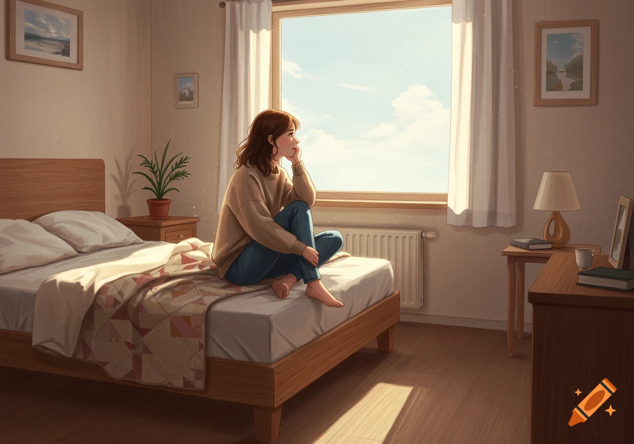 An illustration of a woman sitting on a bed looking out a sunny window in a cozy bedroom.