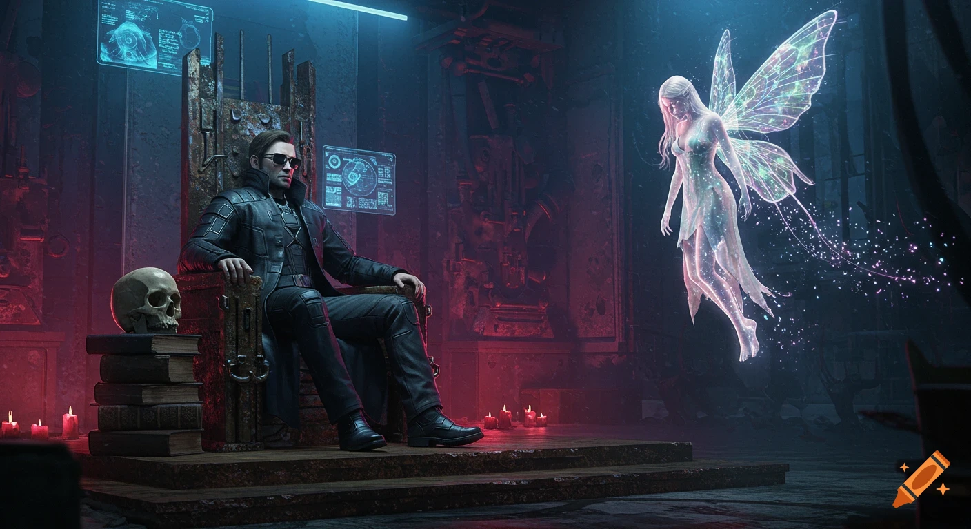 A cyberpunk king on a throne faces a glowing fairy creature in a dark, dystopian throne room with a skull and candles.