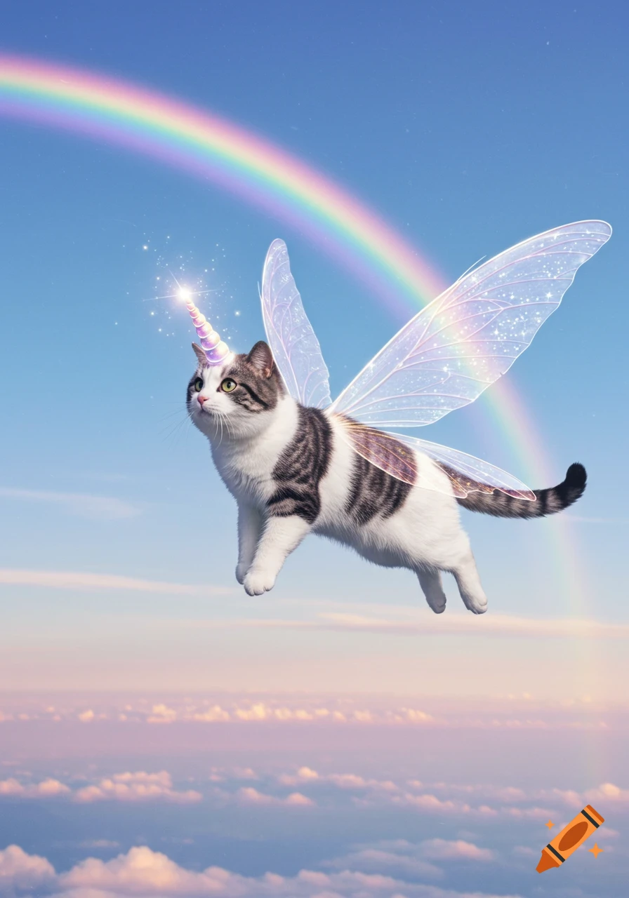 A photorealistic cat with white and gray fur, a glowing unicorn horn, and translucent fairy wings flies through a bright blue sky with a rainbow behind it, high above fluffy clouds.