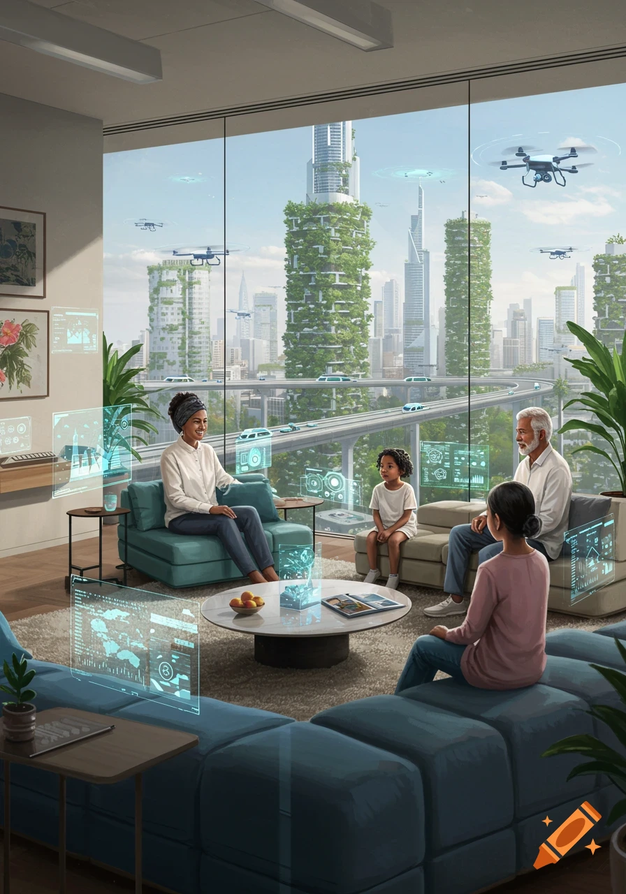 A diverse family relaxes in a modern, high-rise living room with large windows overlooking a futuristic city of green skyscrapers, elevated roads, and flying drones, with holographic interfaces floating around them.
