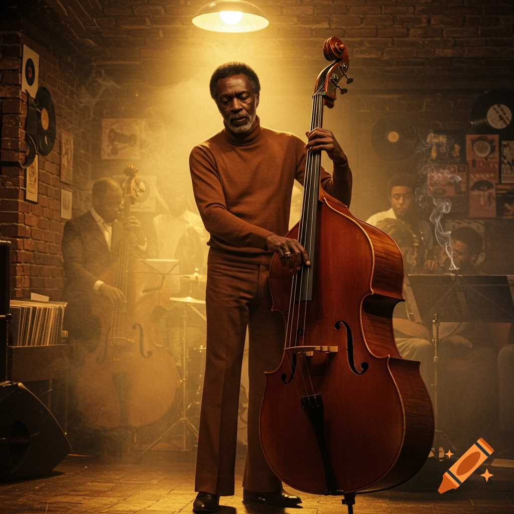A photorealistic image of a jazz bassist playing a double bass in a smoky, dimly lit club with other musicians.