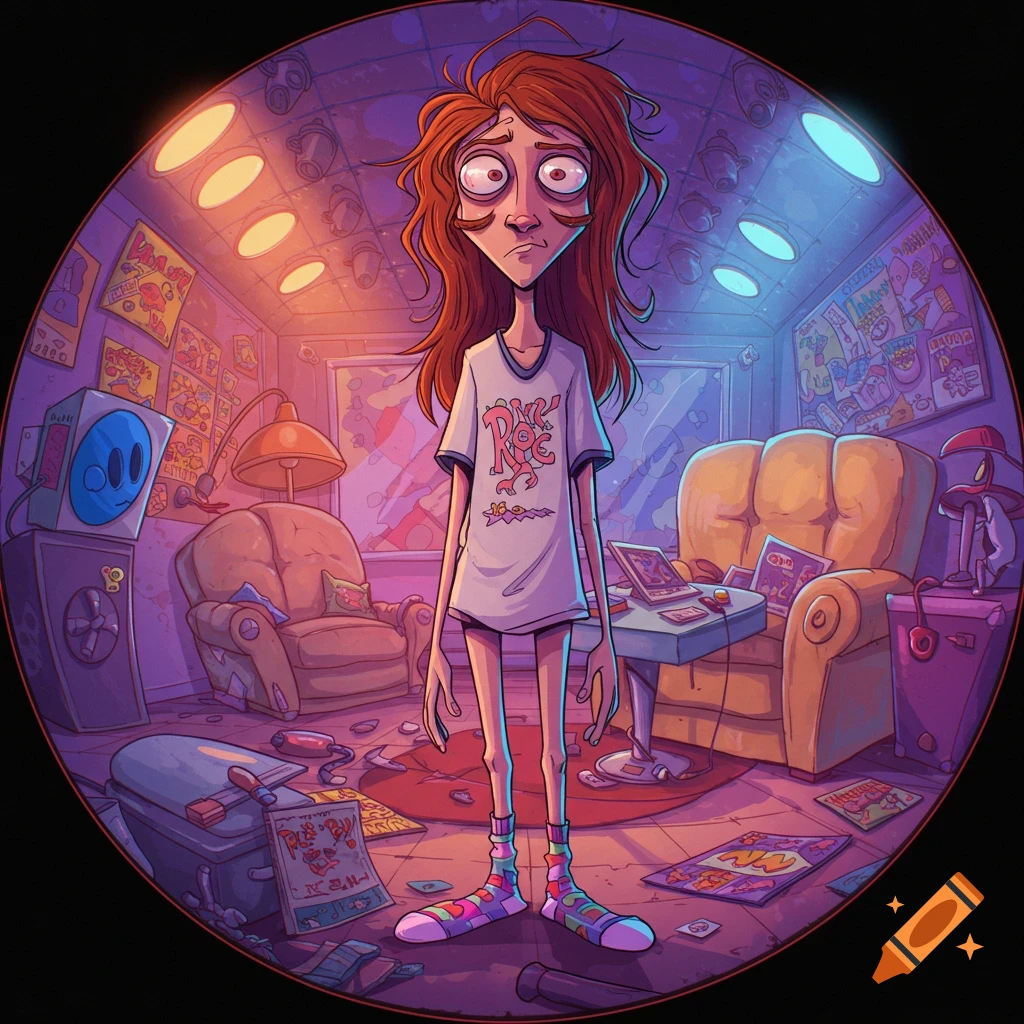 A gaunt, long-haired cartoon character with wide eyes, reminiscent of Ren from Ren & Stimpy, stands in a cluttered, purple-lit room wearing a white t-shirt and colorful socks, in a circular frame.