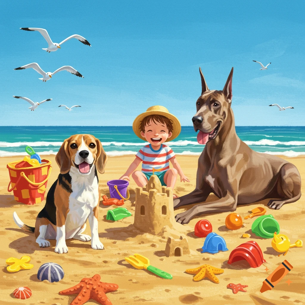 An illustration of a happy child playing in the sand with a beagle and a Great Dane at the beach, with sand toys and seagulls.