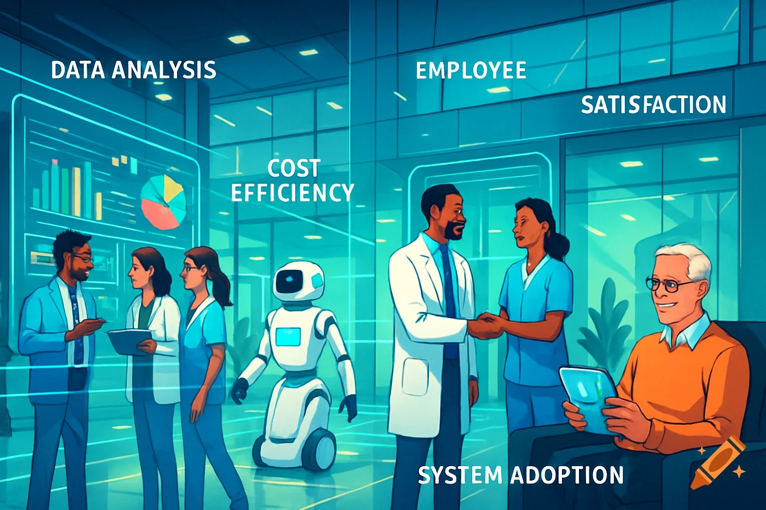 A stylized illustration showing a split image with business and healthcare scenes. On the left, people and a robot are near data visualizations with text "DATA ANALYSIS" and "COST EFFICIENCY". On the right, a doctor shakes hands with a healthcare worker, and an older man reads a tablet, with text "EMPLOYEE", "SATISFACTION", and "SYSTEM ADOPTION".