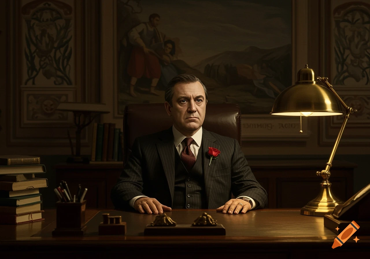 A photorealistic portrait of a serious man in a pinstripe suit with a red rose, sitting at a large desk in a dimly lit office.