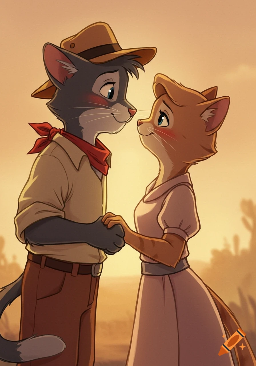 Two anthropomorphic cats, one grey and one orange, holding hands and gazing lovingly at each other against a sunset backdrop in a Don Bluth animation style.
