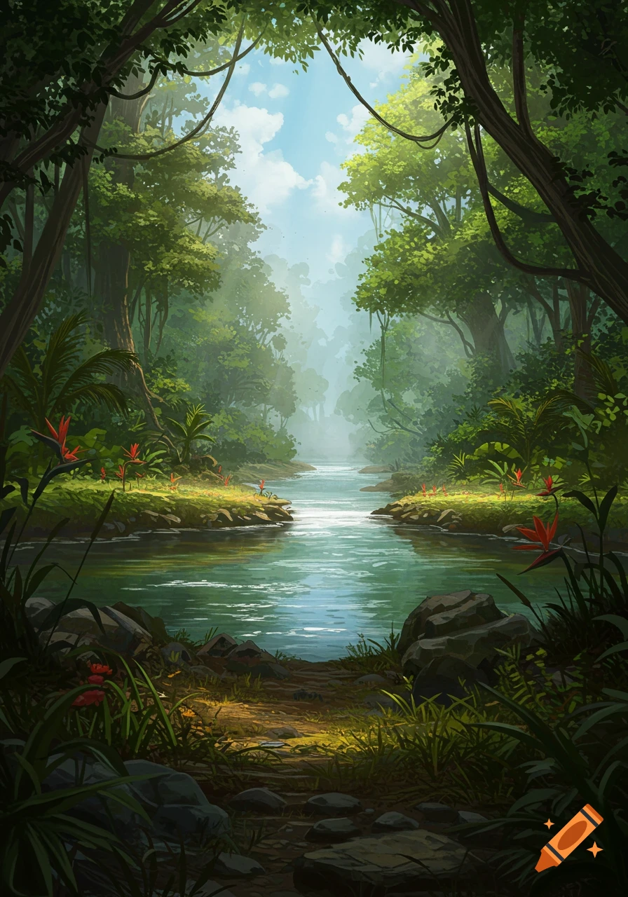 A vibrant illustration of a lush jungle river winding through dense foliage with sunlight.