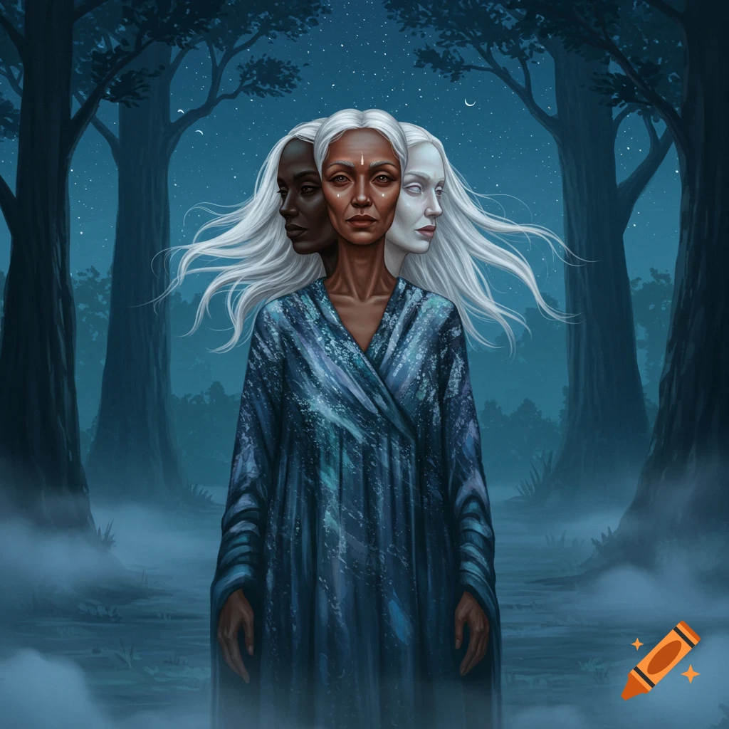 An old woman with three faces – black, brown, and white, all with white hair – stands in a dark, misty forest at night.
