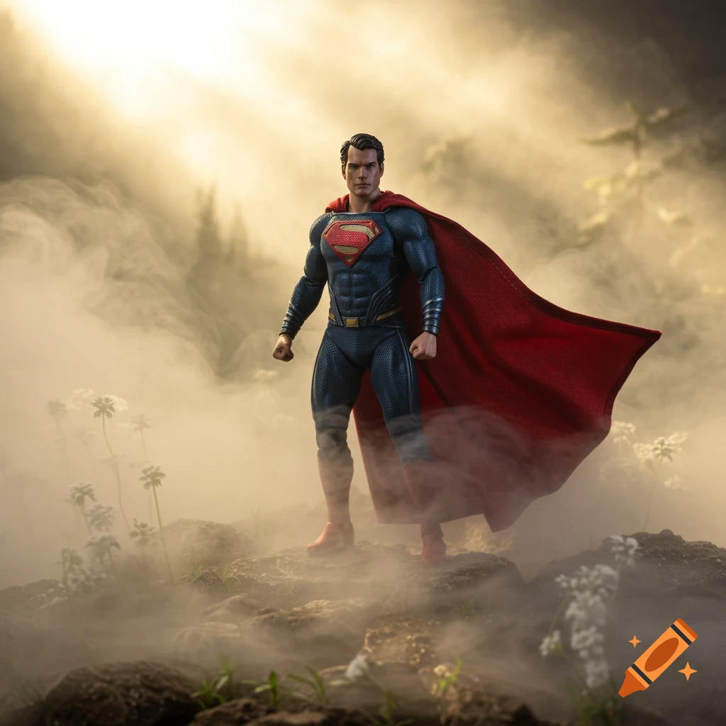 A Superman action figure stands heroically on a misty, rocky landscape bathed in golden light.