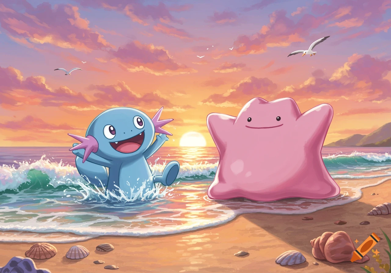 Wooper splashing in the ocean waves next to Ditto on a sandy beach at sunset, with seagulls flying in the distance. Cartoon illustration style.