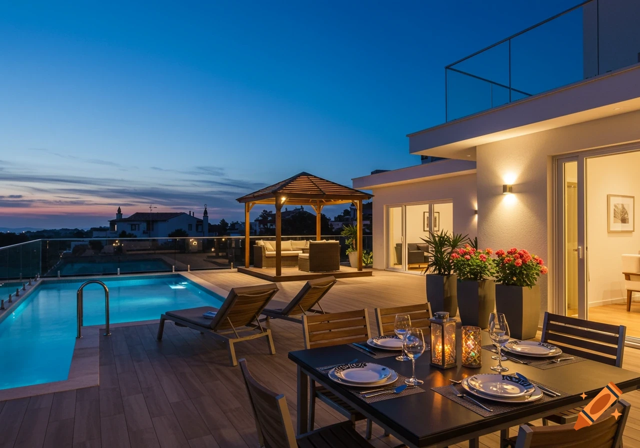 Luxurious modern terrace with a swimming pool, outdoor dining table, and gazebo at dusk.