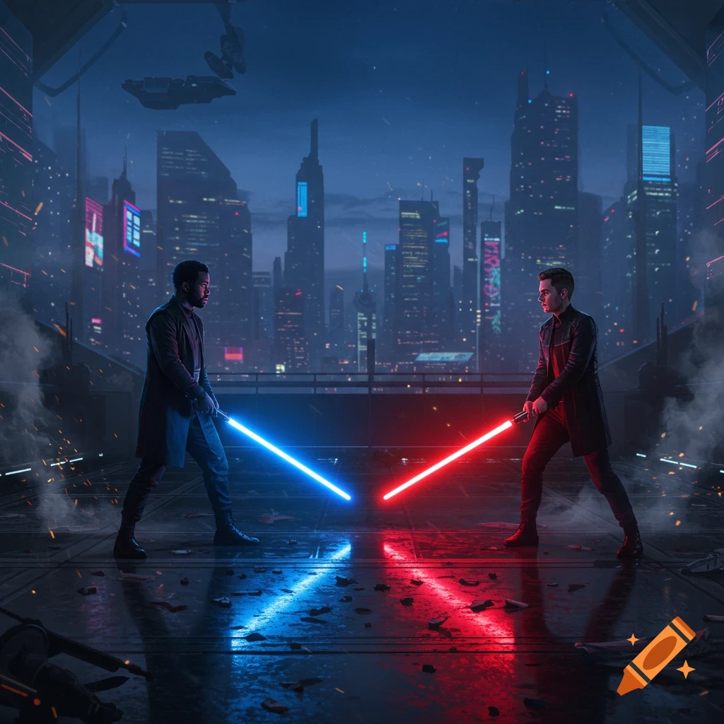 Two men duel with glowing blue and red lightsabers on a rooftop overlooking a futuristic city at night, reflecting on the wet ground.