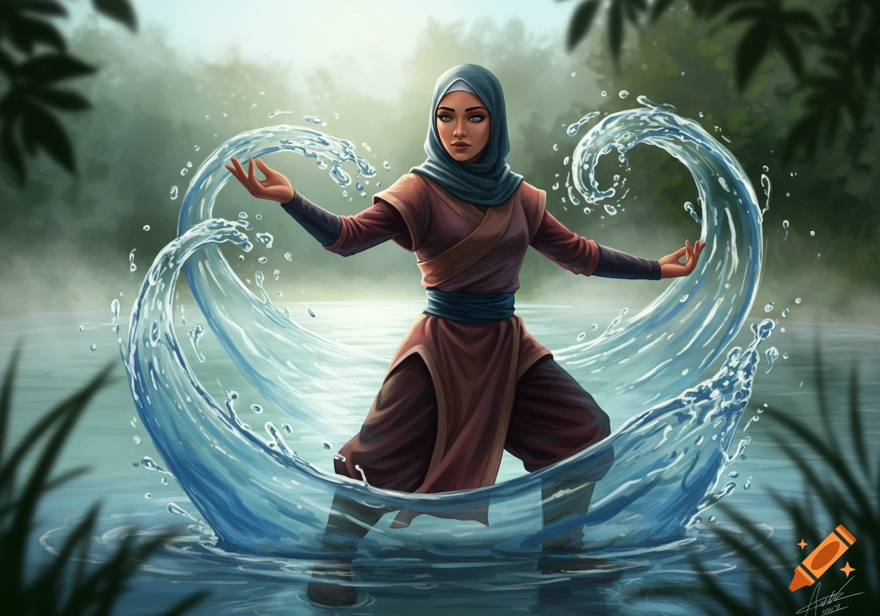 A hijabi woman in earthy attire stands in water, gracefully bending large waves around her in a mystical forest.