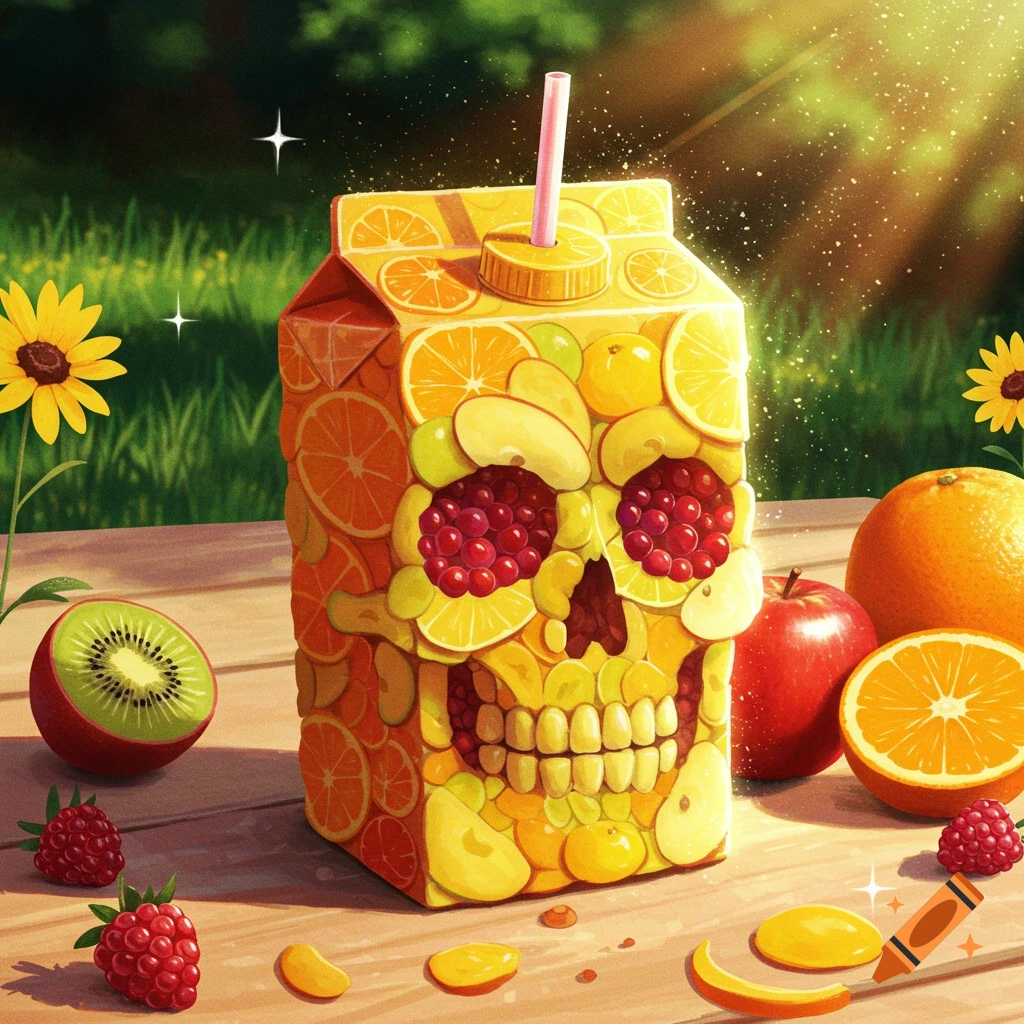 A juice box decorated with a skull made of various fruits, sitting on a wooden table with other fruits outdoors.
