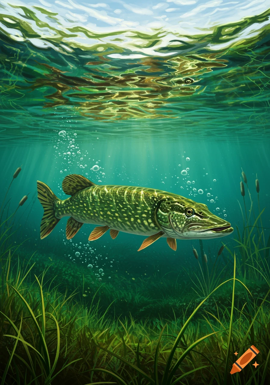 A vibrant illustration of a green pike swimming in clear blue-green water amidst aquatic plants and sunlight filtering from above.
