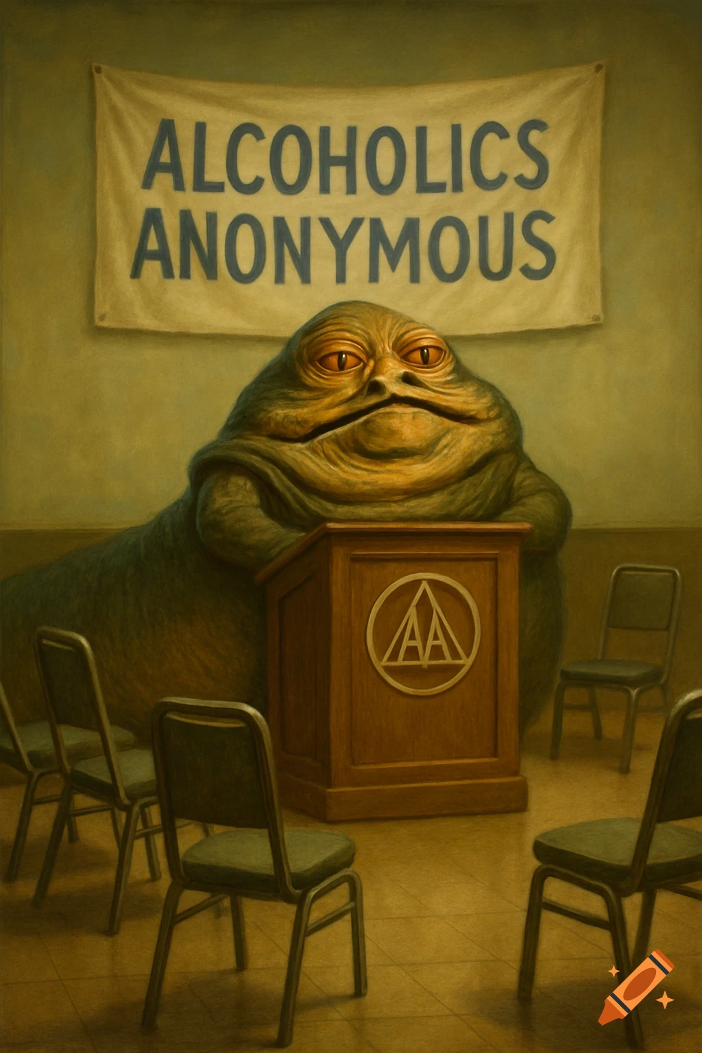 Jabba the Hutt behind a podium at an Alcoholics Anonymous meeting with an AA banner overhead, painterly style.