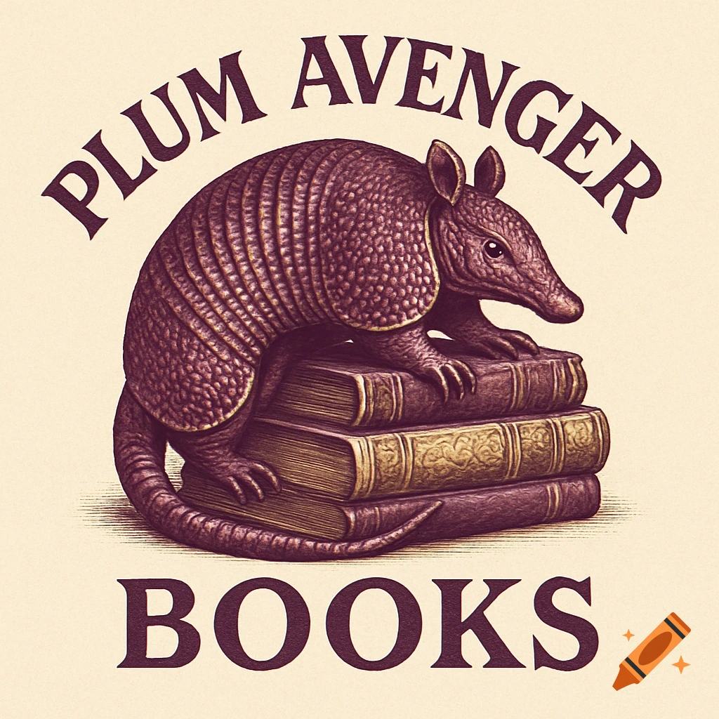 A vintage-style logo featuring a purple armadillo standing on a stack of old books, with 'PLUM AVENGER' in an arch above and 'BOOKS' below.