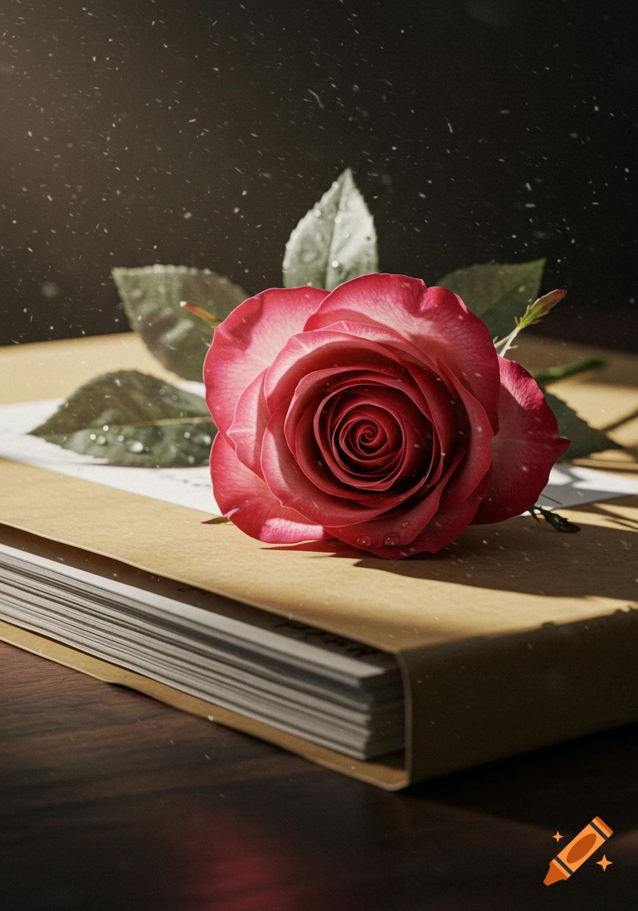 A photorealistic close-up of a pink and white rose with water droplets on a brown file or book, illuminated by a beam of light, with dust motes in the dark background.