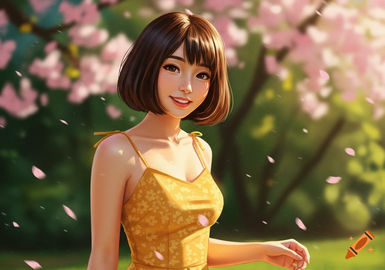 A cute anime-style woman with a bob haircut in a yellow sundress stands in a park with pink cherry blossoms.