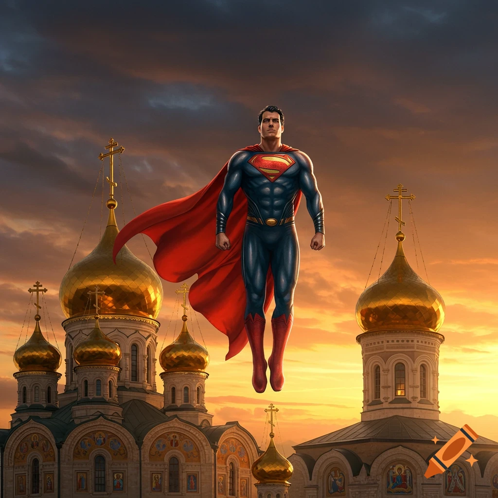 Superman flies above golden-domed Orthodox Christian churches at sunset, with an orange and purple sky.