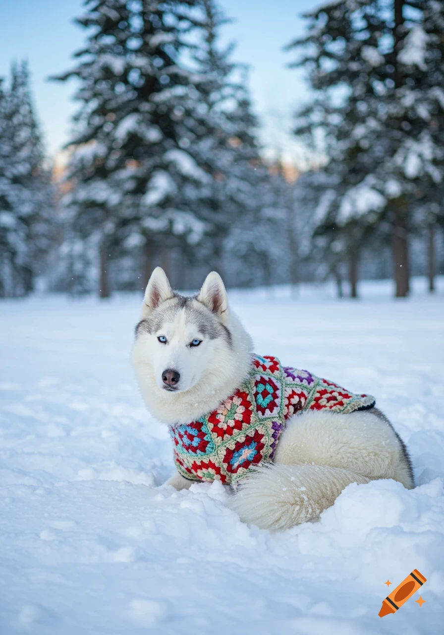 A white and grey husky with blue eyes wears a colorful crochet sweater, sitting in deep snow surrounded by snowy pine trees.