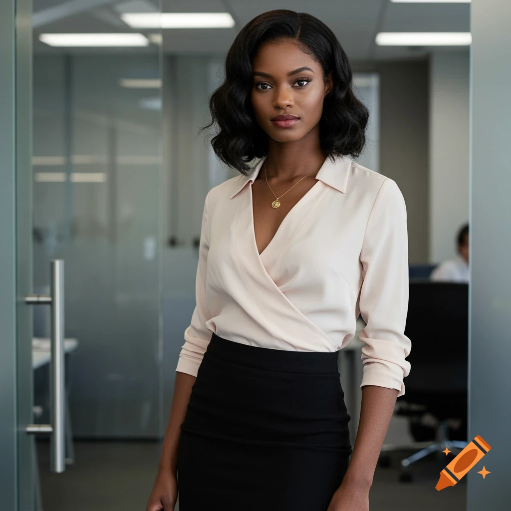 Photorealistic portrait of a Black woman in business attire standing in a modern office.