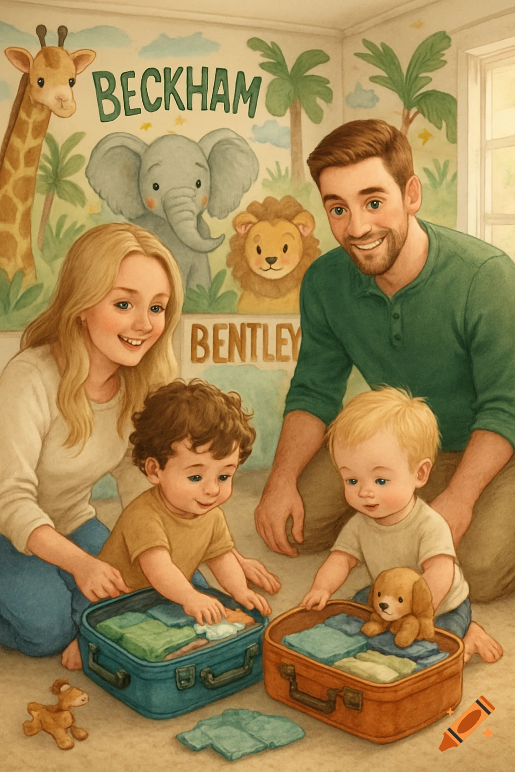 An illustration of a family, mom and dad helping two toddler boys pack suitcases in a safari-themed room with 'BECKHAM' and 'BENTLEY' on the wall.