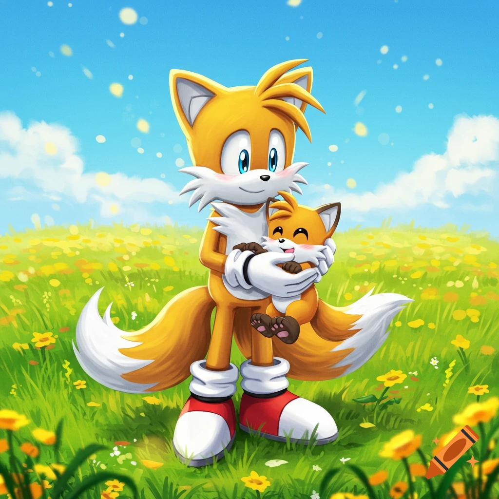 Tails the fox holding a baby fox in a green field with yellow flowers under a blue sky.