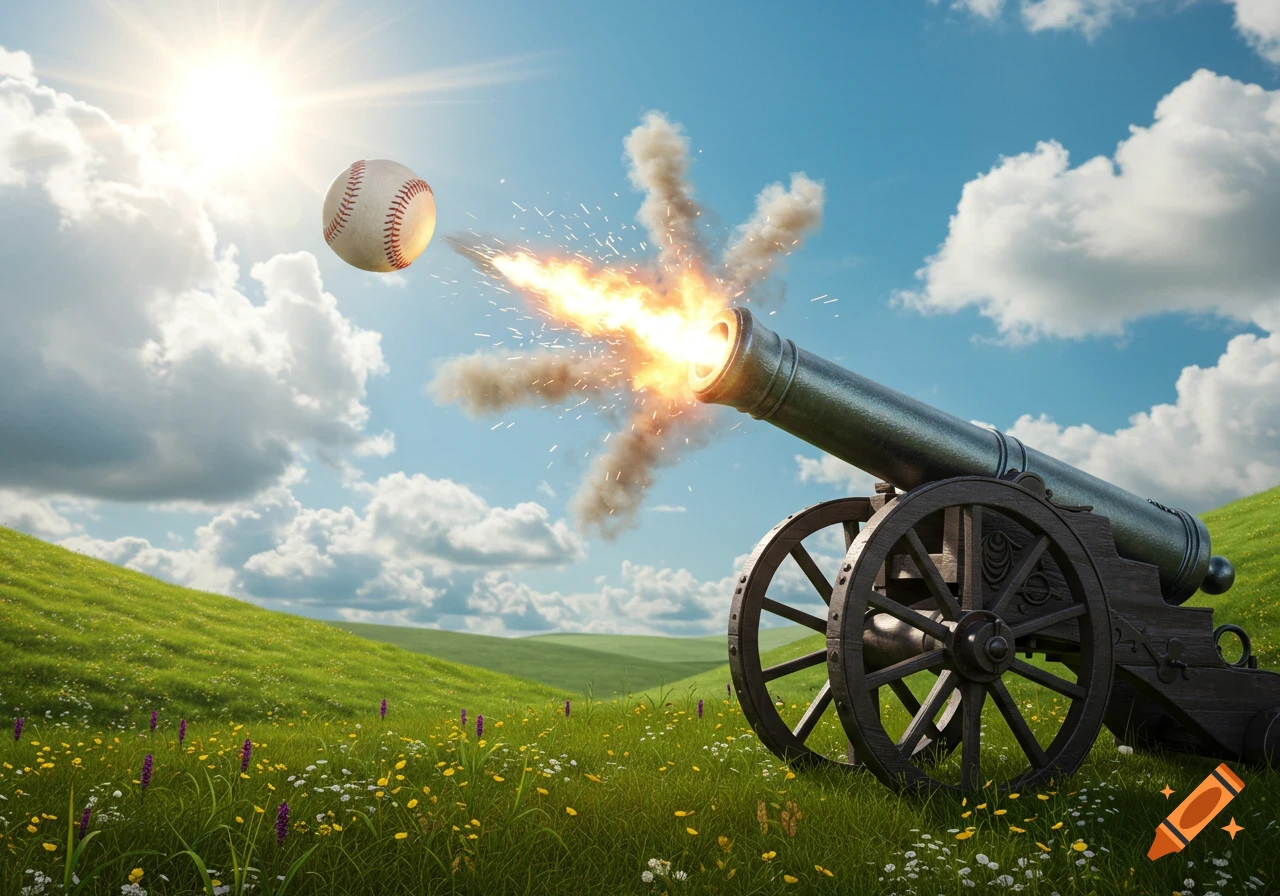 A photorealistic image of a baseball being shot from a cannon in a vibrant green field under a sunny sky with clouds.