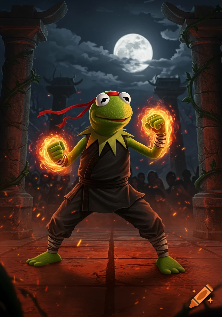 Kermit the Frog as Liu Kang, striking a martial arts pose with fiery fists in a dark, moonlit arena.