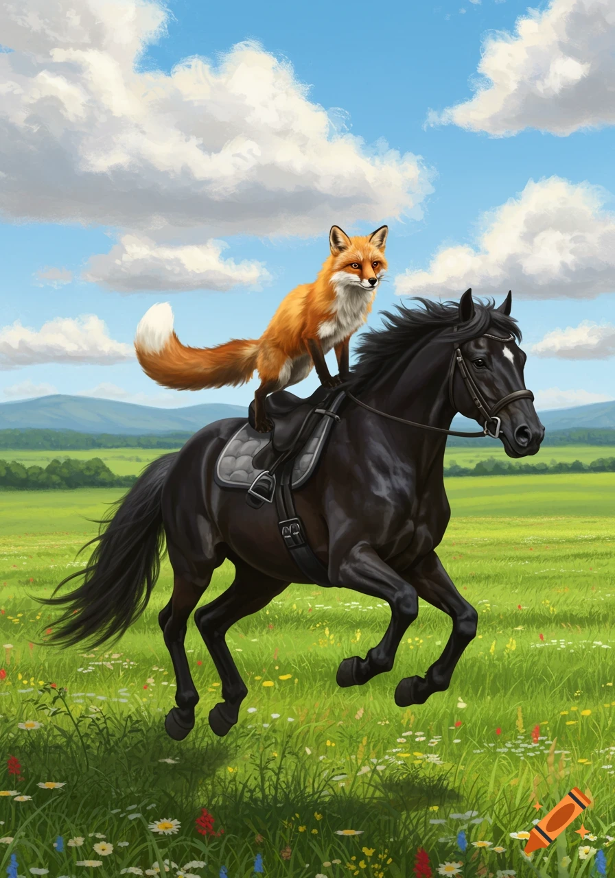 An illustrative painting of a red fox standing on the back of a black horse trotting through a green, flower-filled field.
