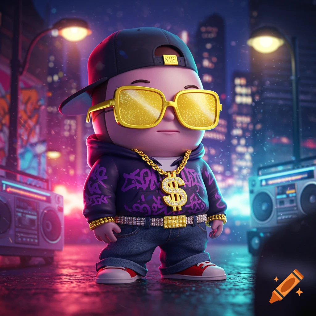 A stylized, cute, cartoonish character resembling a Tamagotchi, wearing oversized golden sunglasses, a black baseball cap, a purple hoodie with graffiti, jeans, and gold chains, including a large dollar sign pendant. The character stands in an urban night setting with blurred city lights and boomboxes.