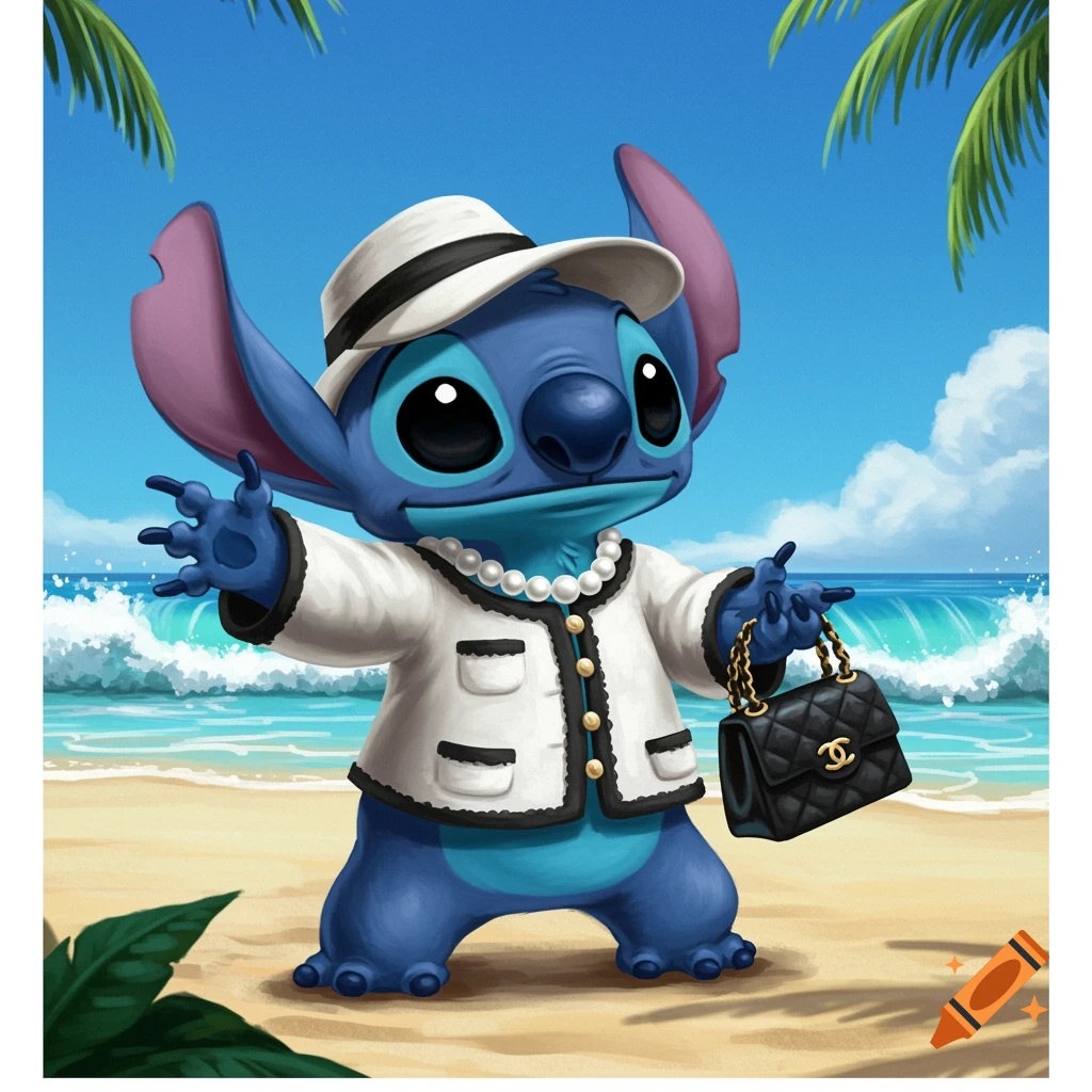 Stitch from Lilo and Stitch on a beach, wearing a white tweed jacket, white hat, and pearl necklace, holding a black Chanel bag.
