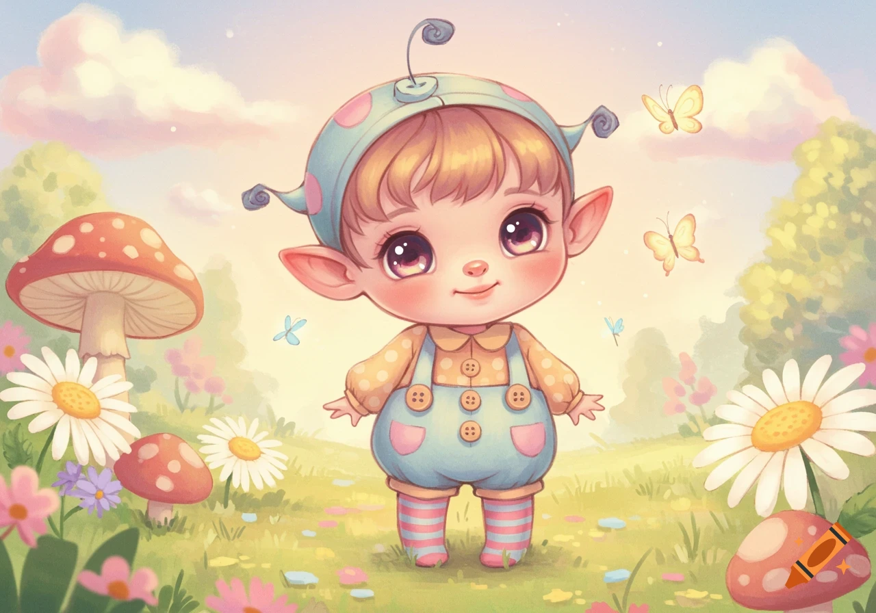 A cute, big-eyed, elf-like character in a spotted hat and overalls stands in a whimsical watercolor field with mushrooms, flowers, and butterflies.